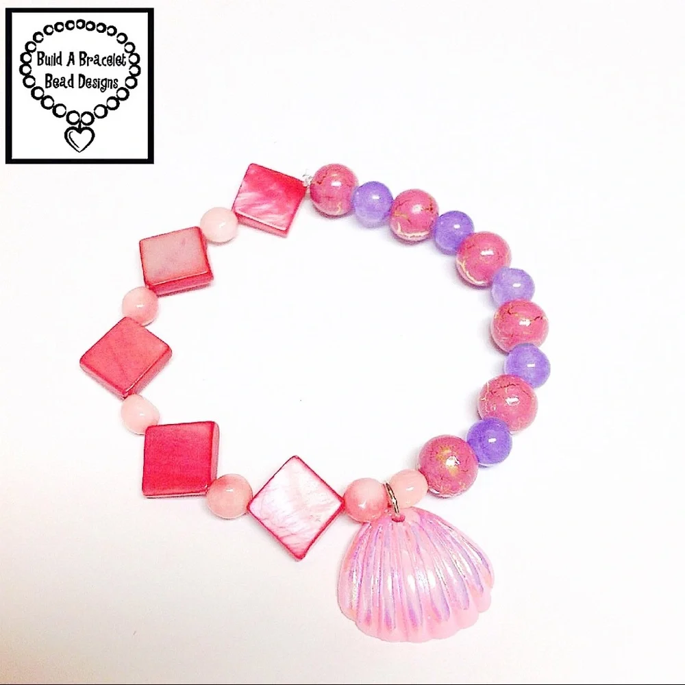 Handmade Seashell Charm Bracelet Coral Lavender Beaded Stretch Summer Jewelry